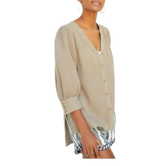 Anthropologie Porridge Gauzy Tunic Buttondown in Taupe Size Medium - Picture 2 of 12